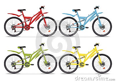 Set realistic vector colorful bicycles different colors. Red, blue, green and yellow metallic bike half-face with many multiple de Vector Illustration