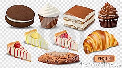 Set of realistic vector confectionery products isolated on transparent background. Illustration of cakes, cupcakes and Vector Illustration