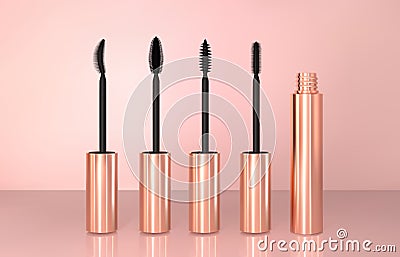 Set of realistic vector golden Mascara Bottles. Brush and mascara tube. Black wand and golden tube on rose-gold Vector Illustration