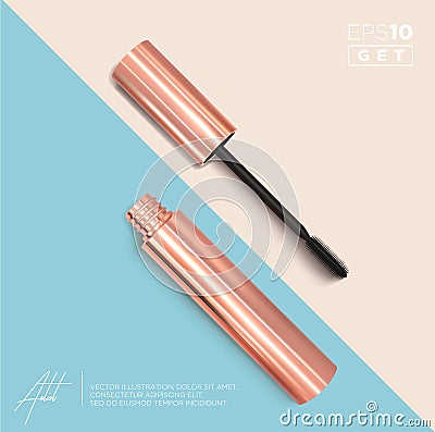 Set of realistic vector golden Mascara Bottles. Brush and mascara tube. Black wand and golden tube on rose-gold and Vector Illustration