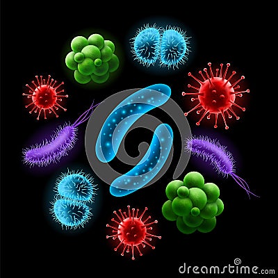 Set of realistic virus, probiotic bacteria cells Vector Illustration