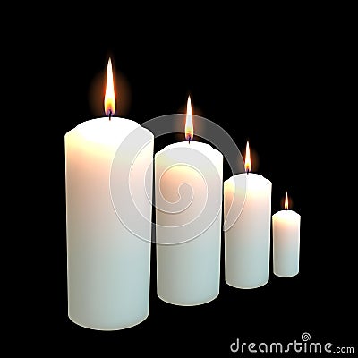 Set of realistic wax round shape candle different sizes isolated in black background. Vector candles collection set. Vector Illustration