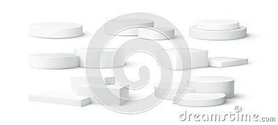 Set of realistic white blank product podium scene isolated on white background. Vector illustration Vector Illustration