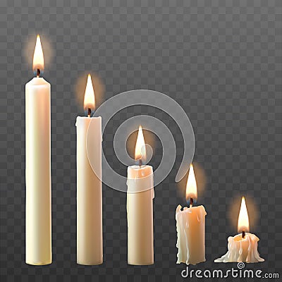 set of realistic white burning candles isolated on a transparent background. Stock Photo