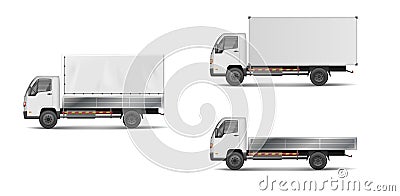 Set of realistic white cargo vehicles. vector illustration with heavy truck, trailer, lorry, delivery van . Side Vector Illustration