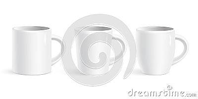 Set of realistic white coffee mugs isolated on white background. Vector templates for Mock Up Vector Illustration