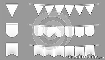 Set of realistic white pennant. Hanging empty fabric flags isolated on grey. Vector Illustration