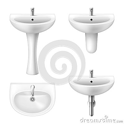 Set of realistic white sink with faucet for bathroom and restroom. Classic ceramic oval washbasins Vector Illustration