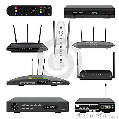 Set of realistic Wi-Fi routers and digital television receivers. Vector Illustration