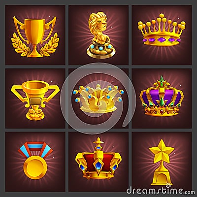 Set of receiving the cartoon golden trophies, medals, award and achievements game screen. Vector Illustration