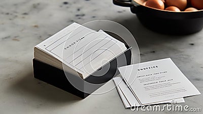 A set of recipe cards with a minimalist design featuring a simple black border and serif typography created with Generative AI Stock Photo