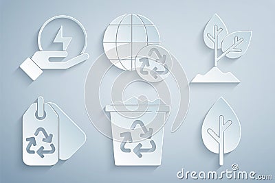 Set Recycle bin with recycle, Plant, Tag, Tree, Planet earth and recycling and Lightning bolt icon. Vector Vector Illustration