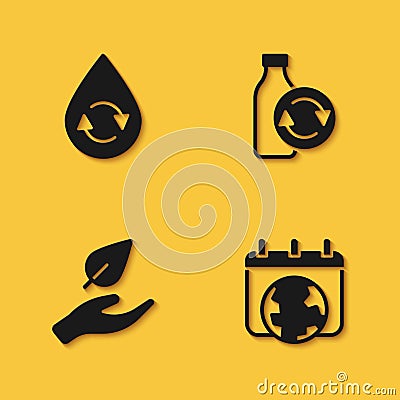 Set Recycle clean aqua, World Earth day, Leaf in hand and Recycling plastic bottle icon with long shadow. Vector Vector Illustration