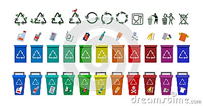 Set of recycle icons. Colorful symbols. Trash collection, segregation and recycling, garbage separated into different types and Vector Illustration