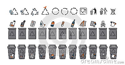 Set of recycle icons and trash containers. Recycling symbols Vector Illustration