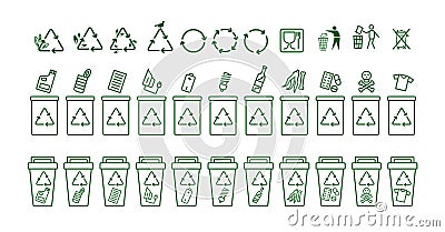 Set of recycle icons and trash containers. Recycling symbols Vector Illustration