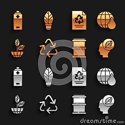Set Recycle symbol, Earth planet in water drop, Human head with leaf inside, Barrel, globe and plant, Paper recycle Vector Illustration