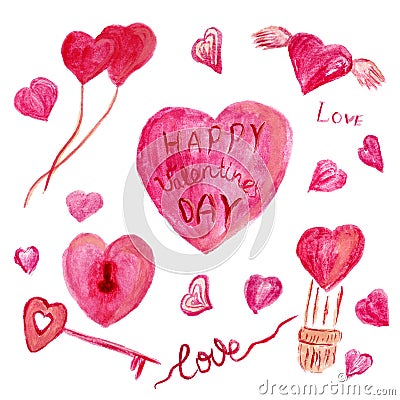 Set of red and beige watercolor heart-shaped clipart for Valentines Day. Lettering Love, key and lock, heart with wings, balloons Stock Photo