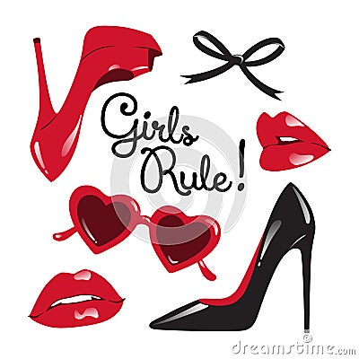 Set of red and black elements - high heeled shoes, heart shaped glasses, glossy lips, ribbon bow vector illustration. Vector Illustration