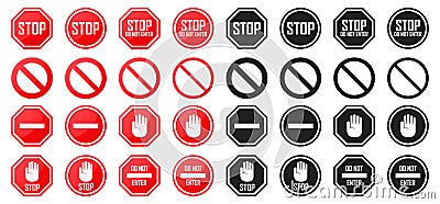 Set of red and black prohibition signs. Stop, do not enter sign collection Stock Photo