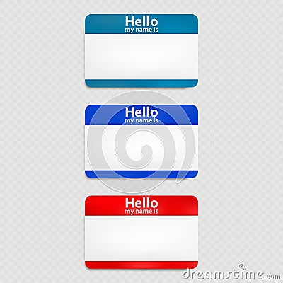 Set of red and blue hello name tag isolated. EPS 10 Vector Illustration