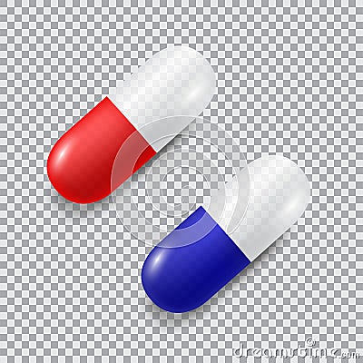 Set of red and blue vector realistic pills Vector Illustration