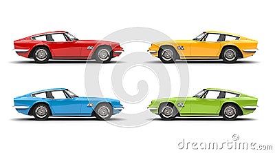 Set of red, blue, yellow and green vintage fast cars Stock Photo