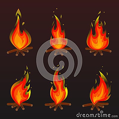 Set of red fire bonfire icons. Vector illustration Cartoon Illustration