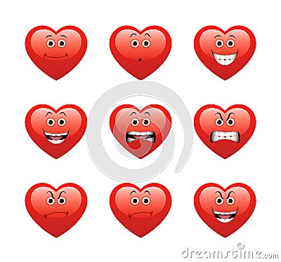 Set of red cartoon hearts with different expressions Stock Photo