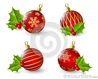 Set of red Christmas balls with holly Vector Illustration