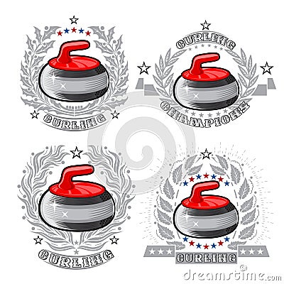 Set of red curling stones in center of silver wreathes. Sport logo for any darts game Vector Illustration