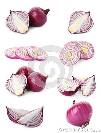 Set of red cut and whole onion on background Stock Photo