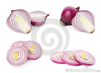 Set of red cut and whole onion on background Stock Photo