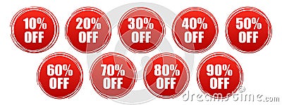 Set red discount percent on circle buttons. Round discount label for sales with different percents. Set of red sale stickers Stock Photo