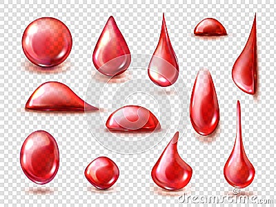 Set of red drops of red water, juice or wine Vector Illustration