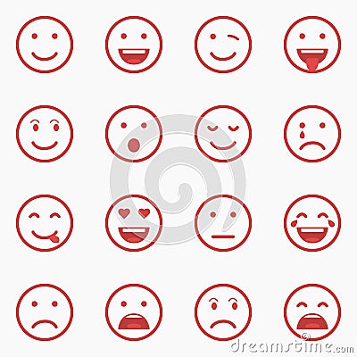 Set of red Emoticons, Emoji and Avatar. Outline style isolated vector illustration on white background. Vector Illustration