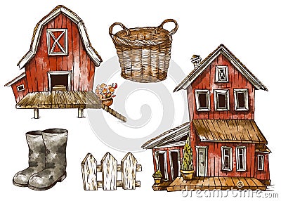 Set of red farm house, Rustic vintage illustration isolated on white Cartoon Illustration