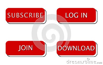 Set of red with frame square buttons for web, social networks. Subscribe, download, log in and join button isolated on Vector Illustration