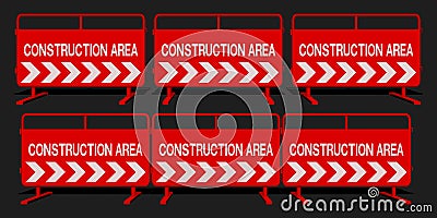 Set of red full plate steel barrier with construction sign on transparent background Vector Illustration