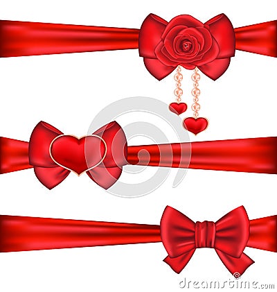 Set red gift bows ribbons with rose and heart, isolated on white Vector Illustration