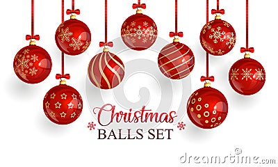 Red glass christmas balls with christmas ornament and red bows Vector Illustration