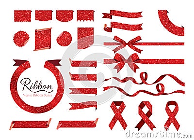 Set of red glitter ribbons, bows, banners, flags. Vector Illustration