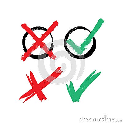 Set of red and green check marks drawn by hand with a rough brush. Checkboxes to select yes or no. Grunge, sketch, watercolour. Vector Illustration