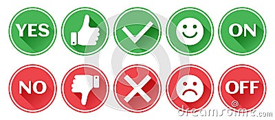 Set of red and green icons buttons. Thumb up and down. Like and dislike. Confirmation and rejection. Yes and No. On and Off. Cartoon Illustration