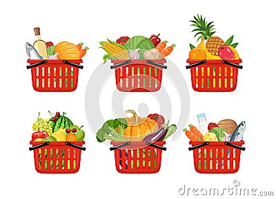Set of Red grocery shopping baskets full of different fresh food isolated on white background. Vector illustration Vector Illustration