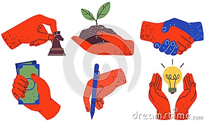 Set of red hands holding stuff. Human palms with different items, attributes, devices, instruments Vector Illustration