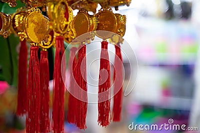 Set of red hanging elements in traditional Asian markets Happy chinese new year fortune Stock Photo