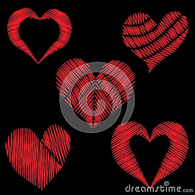 Set red heart embroidery stitches imitation on the black background Vector Illustration