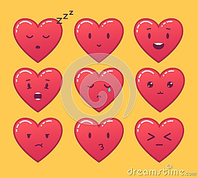 Set of red heart emoticons. Vector emoji on yellow background. Vector Illustration