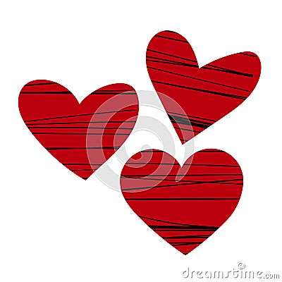 Set of red hearts with black hand drawn stripes, valentine`s day design, romantic collection Stock Photo